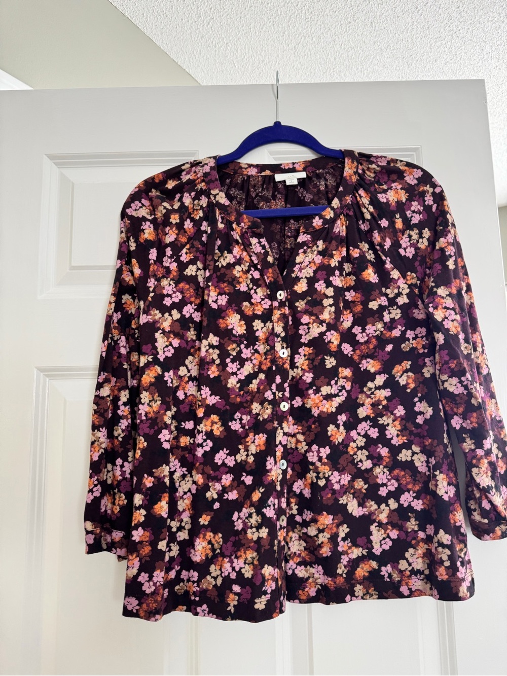 J. Jill Plum Floral Button-Down Blouse with Pink and Orange Blossoms